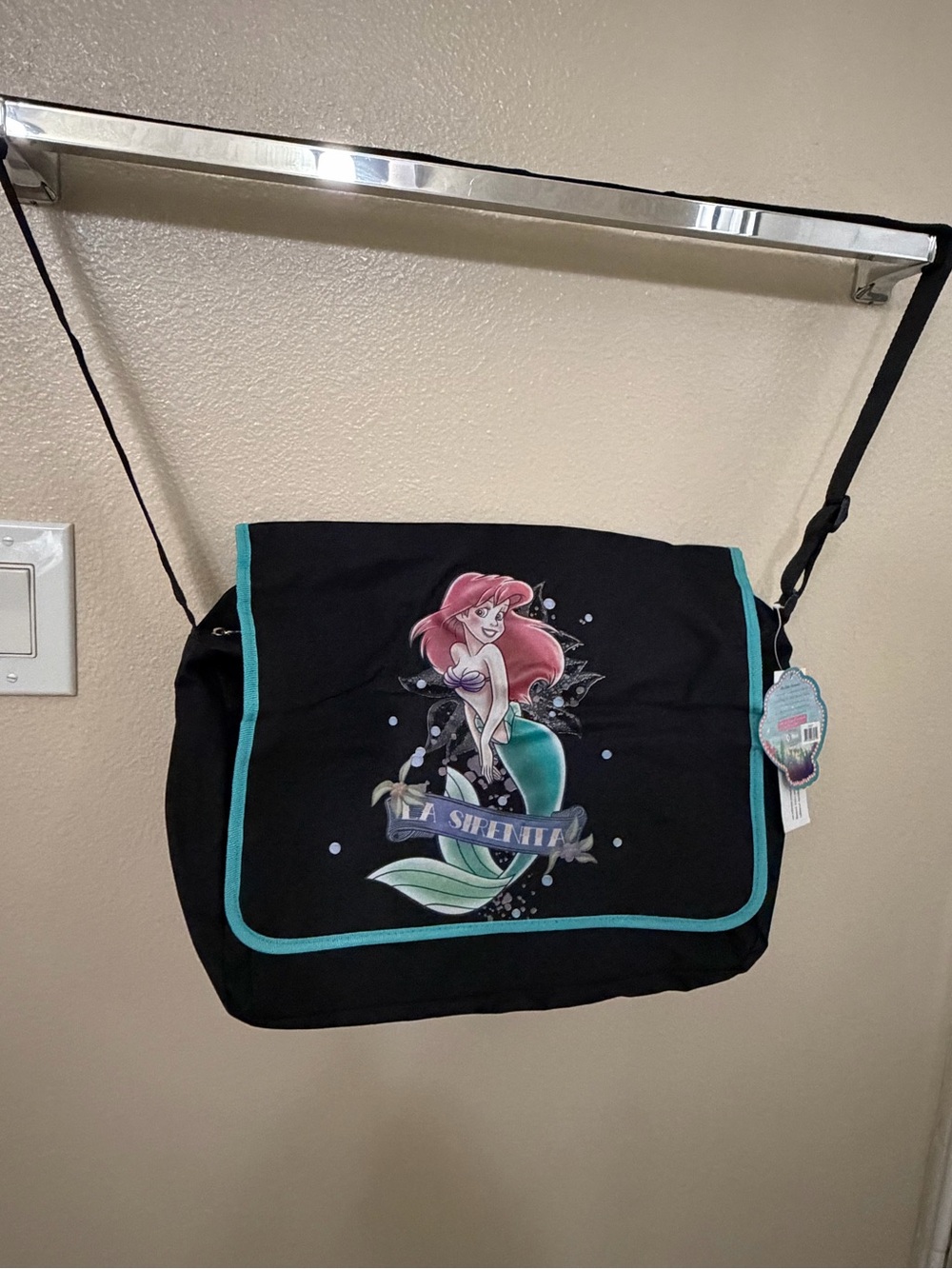 La Sirenita Black Messenger Bag with Teal Trim